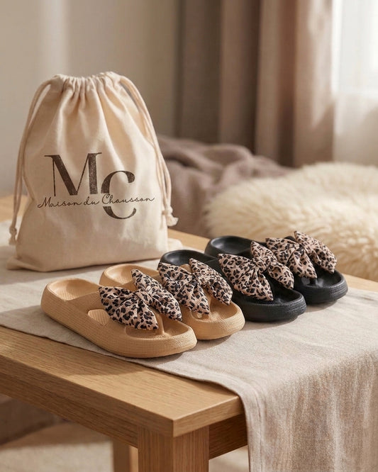 Chaussons Femme <br> Sandales Avec Noeud Léopard