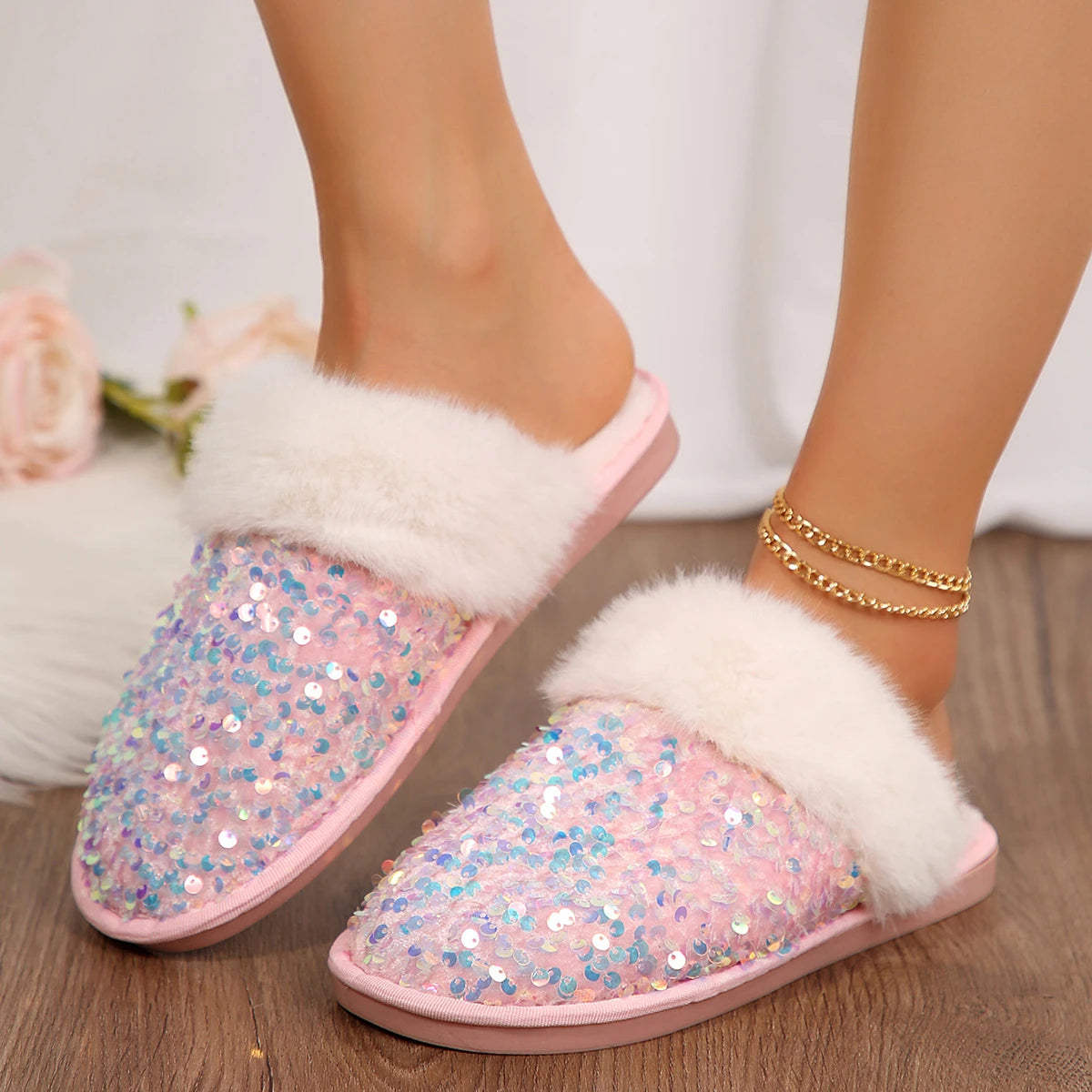 Chaussons Femme <br> Chic Fourrure et Strass
