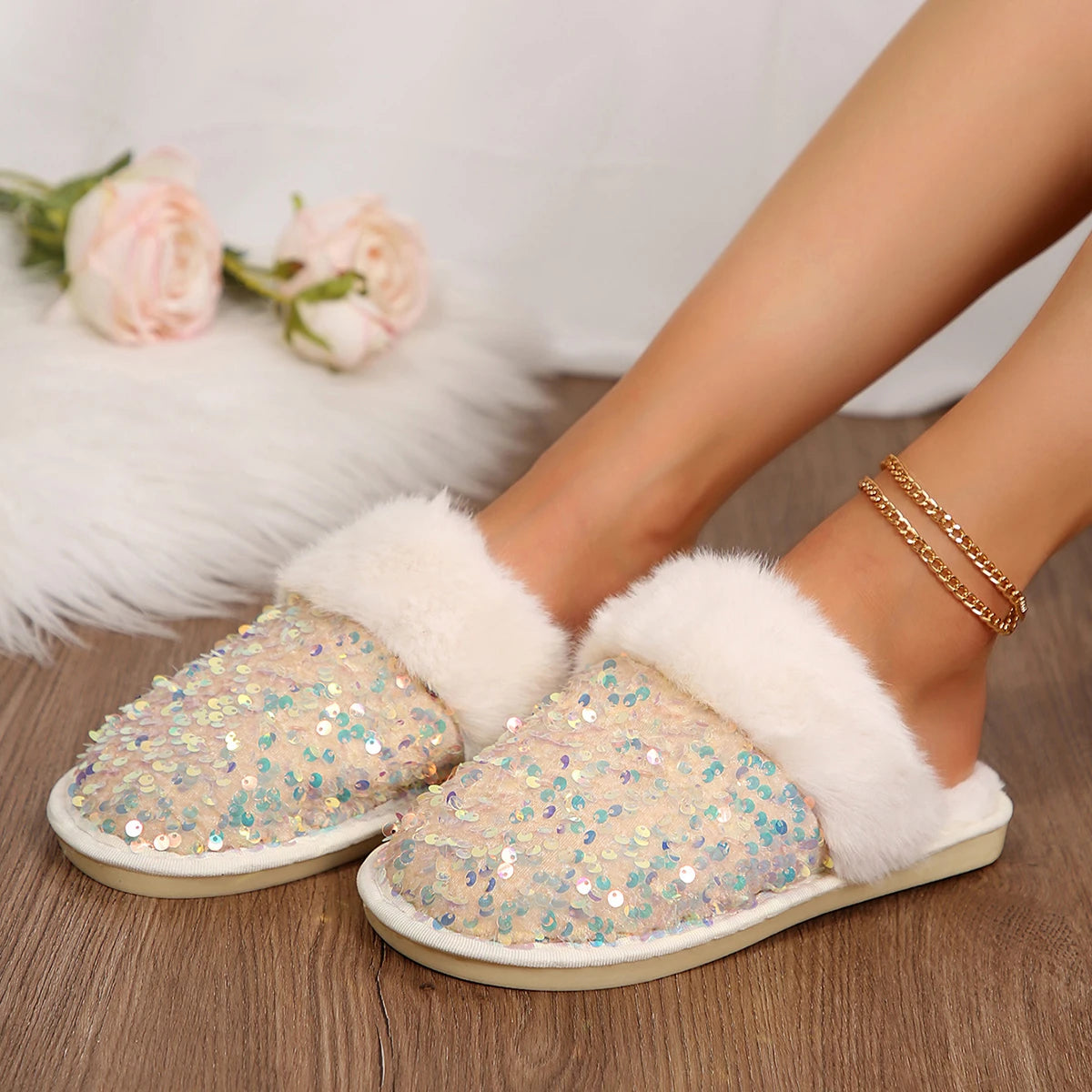 Chaussons Femme <br> Chic Fourrure et Strass
