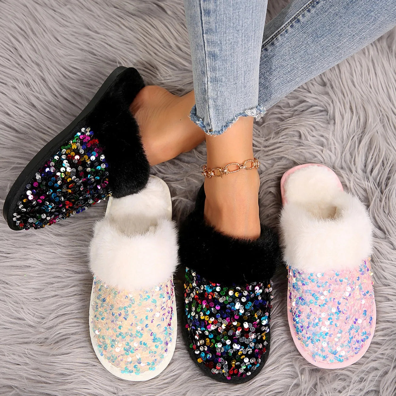Chaussons Femme <br> Chic Fourrure et Strass