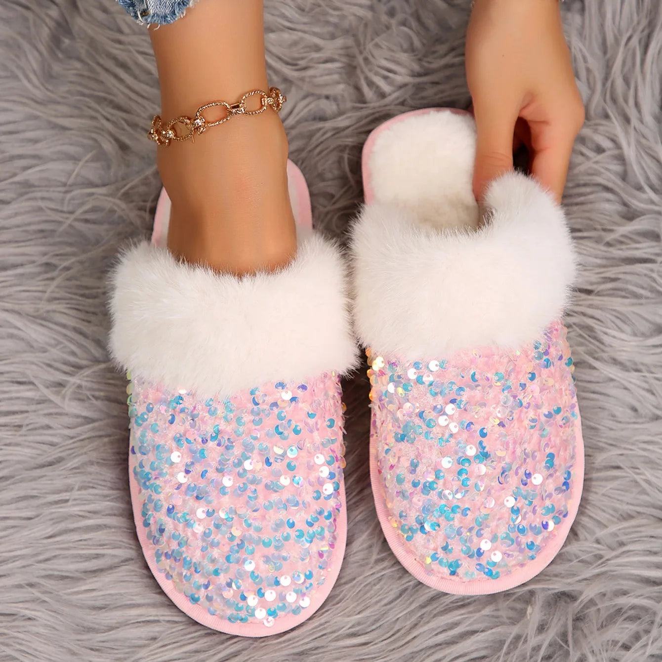Chaussons Femme <br> Chic Fourrure et Strass