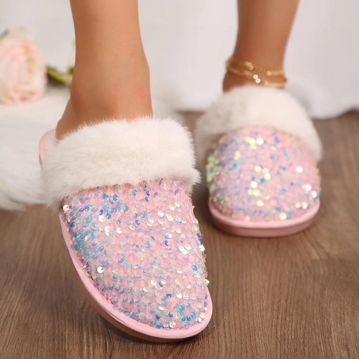 Chaussons Femme <br> Chic Fourrure et Strass