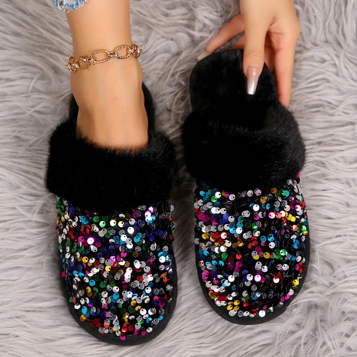 Chaussons Femme <br> Chic Fourrure et Strass