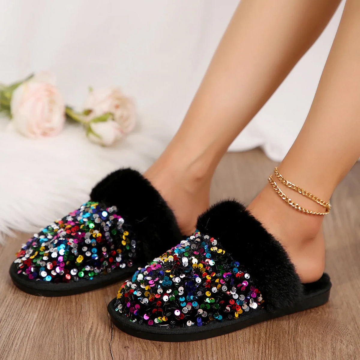 Chaussons Femme <br> Chic Fourrure et Strass