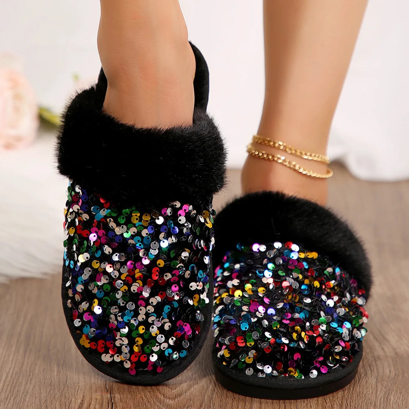 Chaussons Femme <br> Chic Fourrure et Strass
