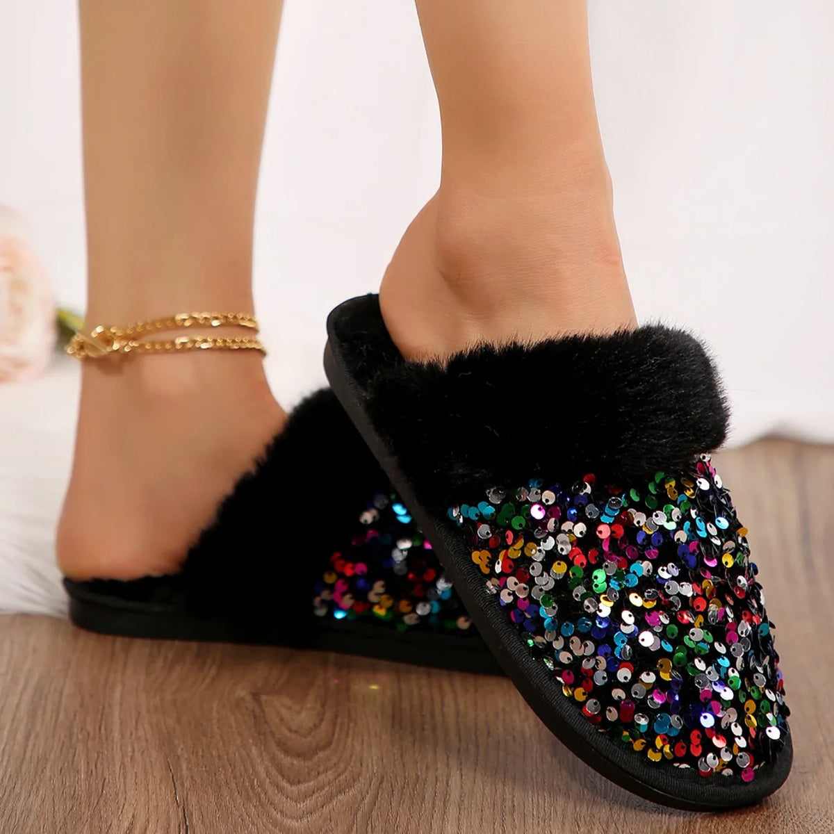 Chaussons Femme <br> Chic Fourrure et Strass