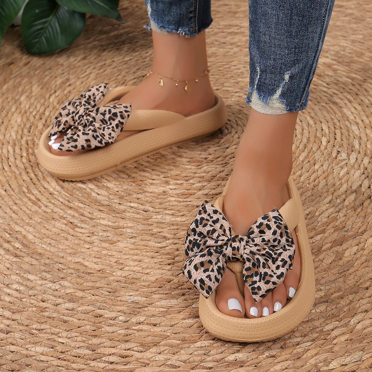 Chaussons Femme <br> Sandales Avec Noeud Léopard
