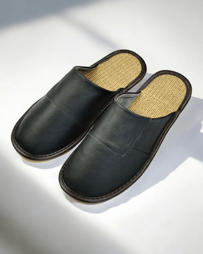 Chaussons pour Homme |  Classique en Cuir Noir / 42-43(29cm)