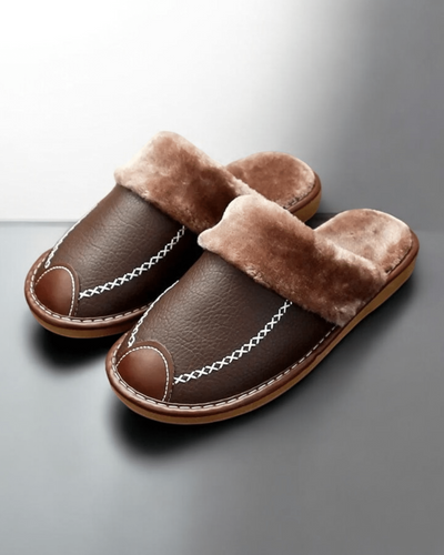 Chaussons pour Homme |  Cuir Fourrés Marron Clair / 45