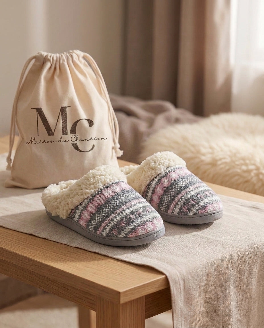 Chaussons Femme <br> Au coin du feu Gris et rose