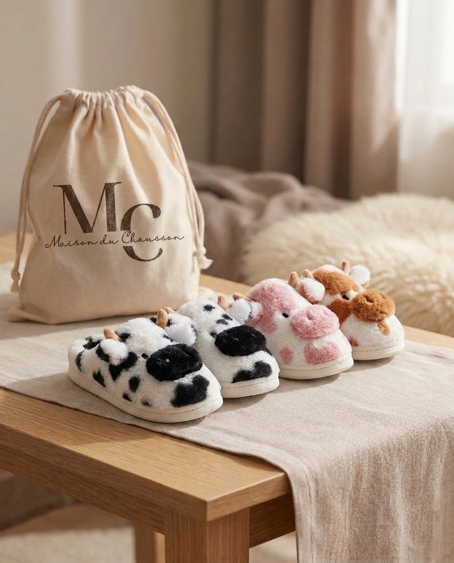 Chausson Animaux Couple <br> Tête Vache mignonne