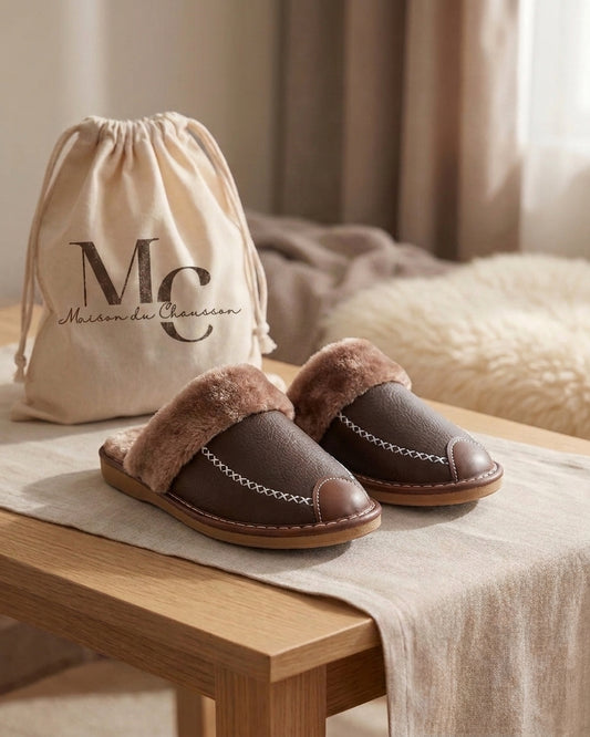 Chaussons pour Homme <br> Cuir Fendu Fourrés