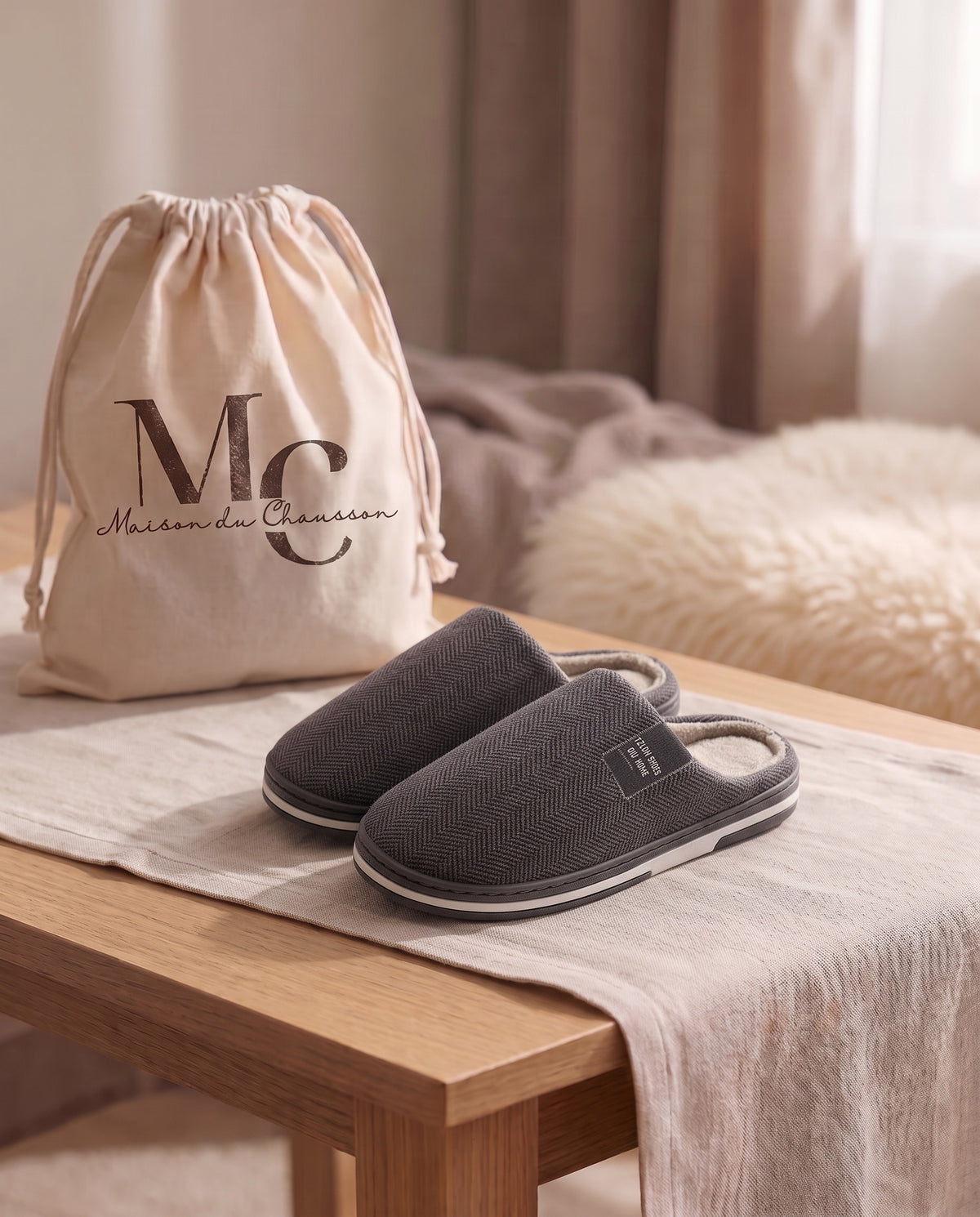 Chaussons femme Cosy gris anthracite à chevrons avec pochette Maison du Chausson