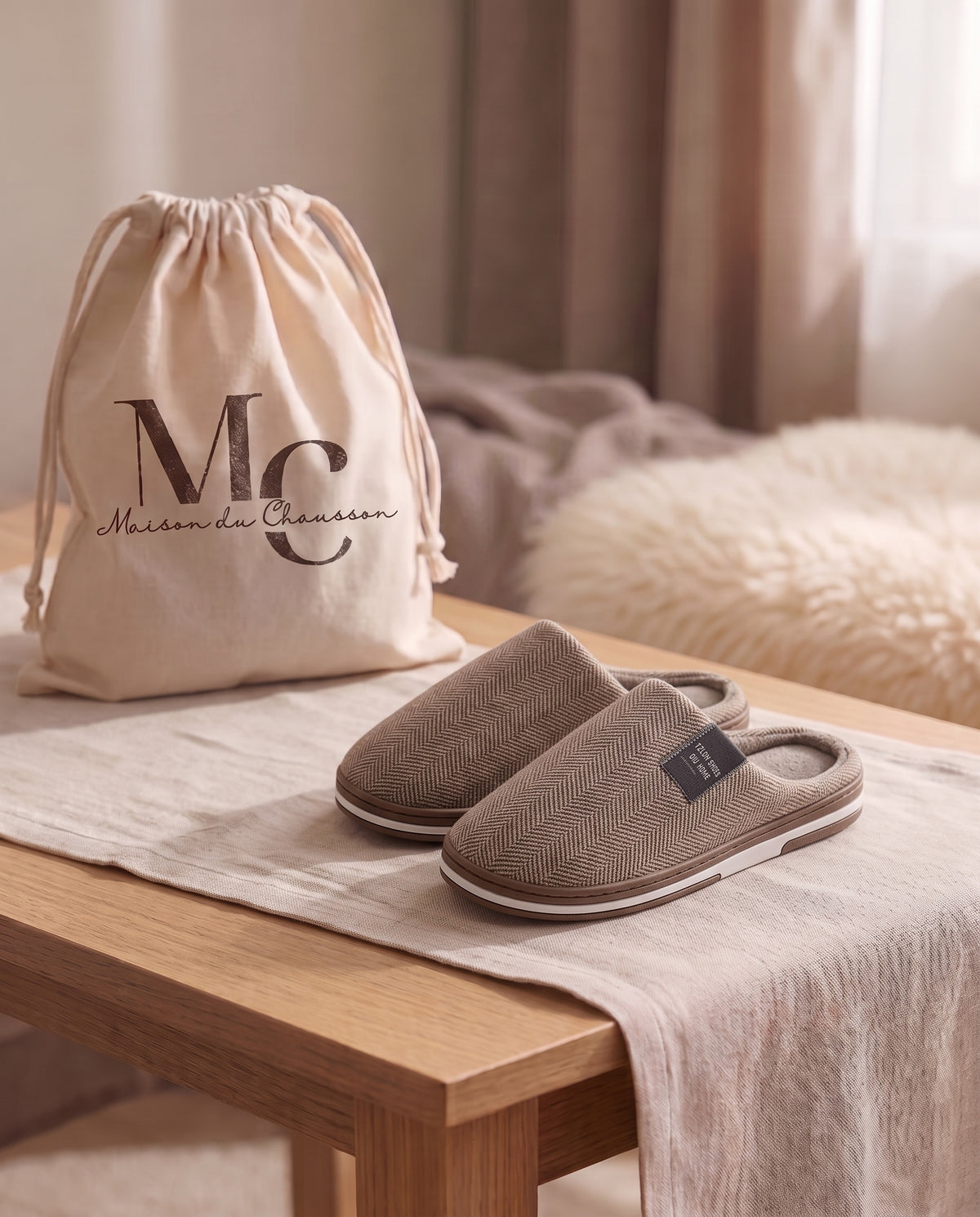 Chaussons femme Cosy marron à chevrons avec pochette Maison du Chausson
