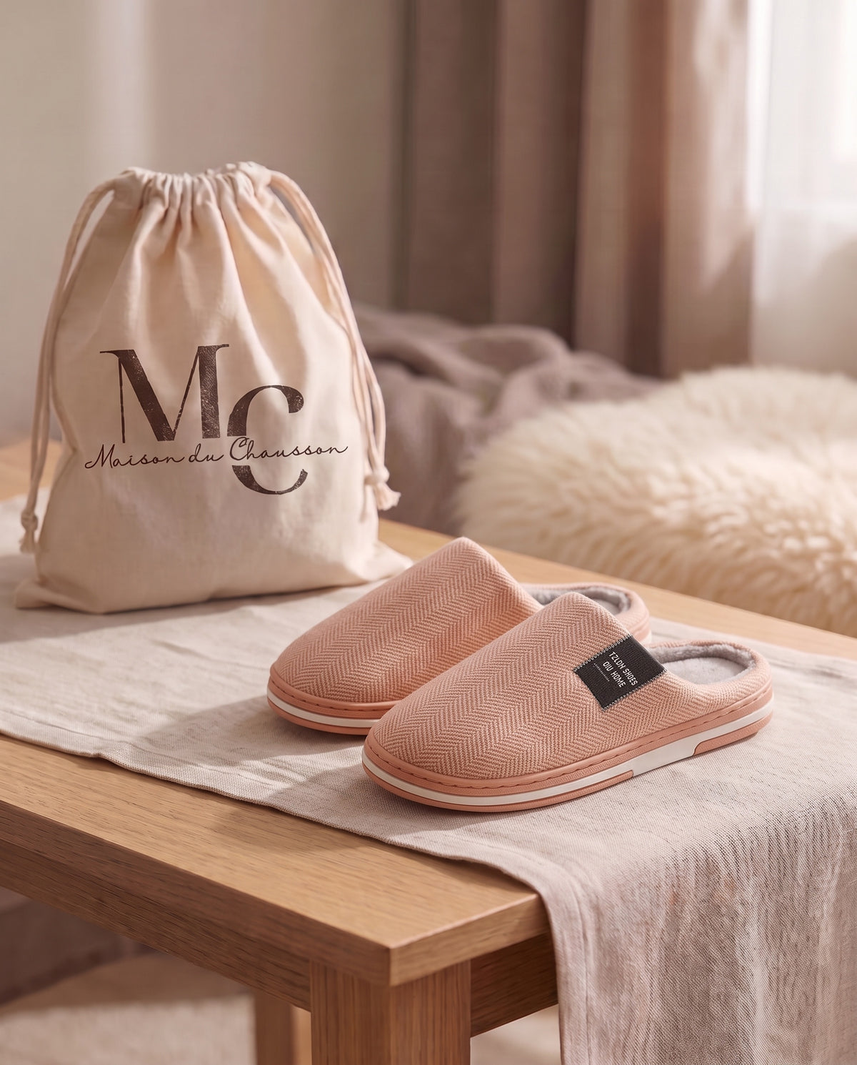 Chaussons femme Cosy pêche à chevrons avec pochette Maison du Chausson