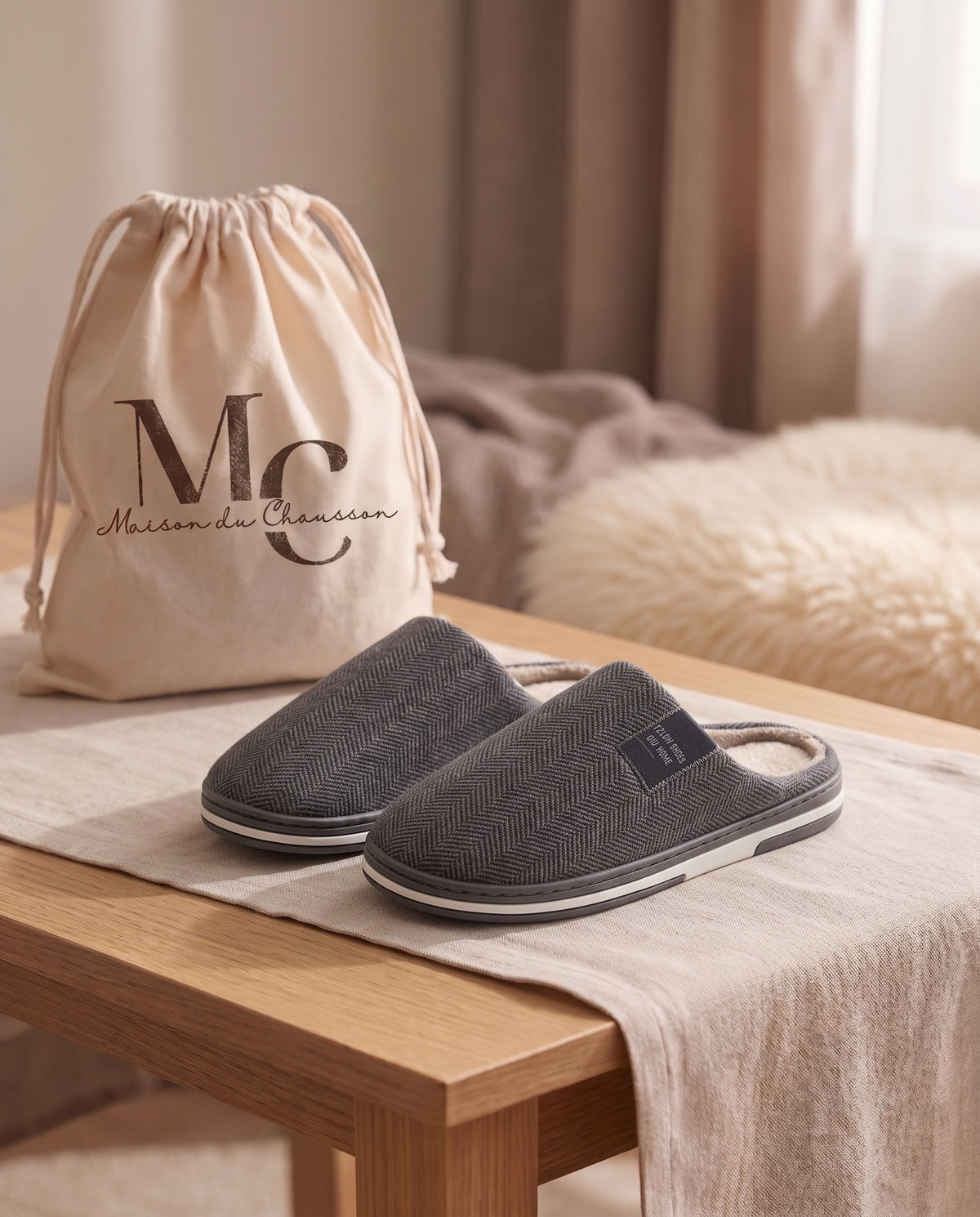 Chaussons femme Cosy gris à chevrons avec pochette Maison du Chausson