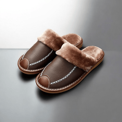 Chaussons pour Homme |  Cuir Fourrés Marron Clair / 45